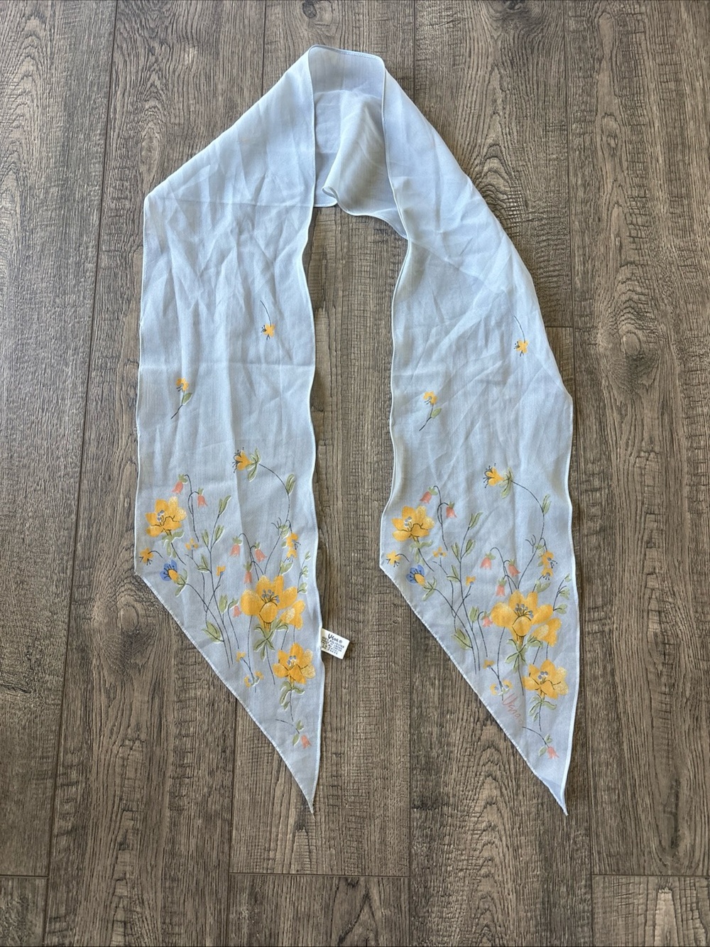Vntg Vera Neumann light Blue Floral print point Scarf with Yellow Flowers.
